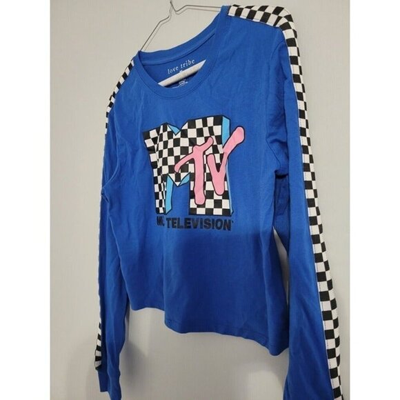WOMEN'S MTV BLUE CHECKERED LONG SLEEVE CROP TOP SIZE MEDIUM - PERFECT CONDITION - Picture 4 of 7